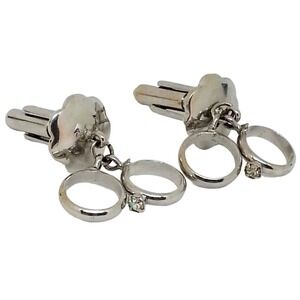 Silver Tone Wedding Ring Cufflinks Novelty Double Band Vintage 1960s Groom Mens